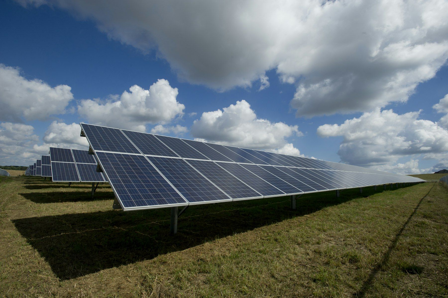 Rows of solar panels on open grassland under a bright sky